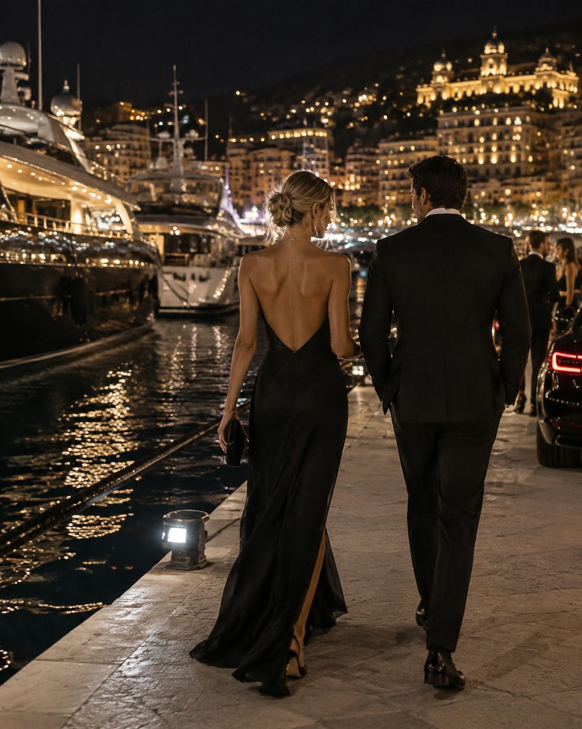 A couple walking beside the yachts in Monaco at night
