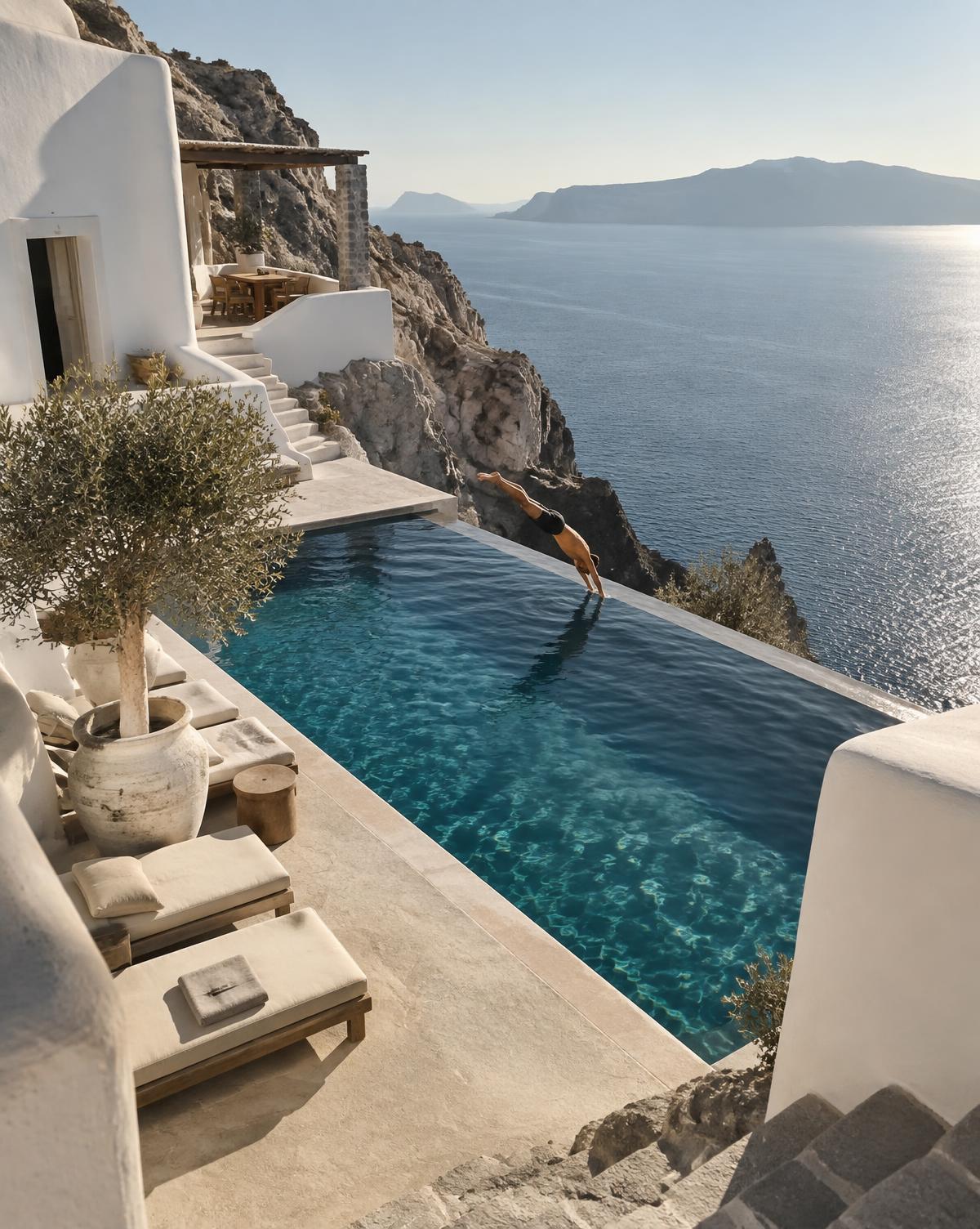A morning dive into a cliffside Mediterranean villa pool