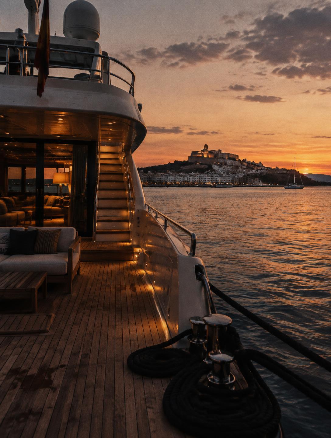 The deck of a luxury yacht at dusk with a coastal town in the distance